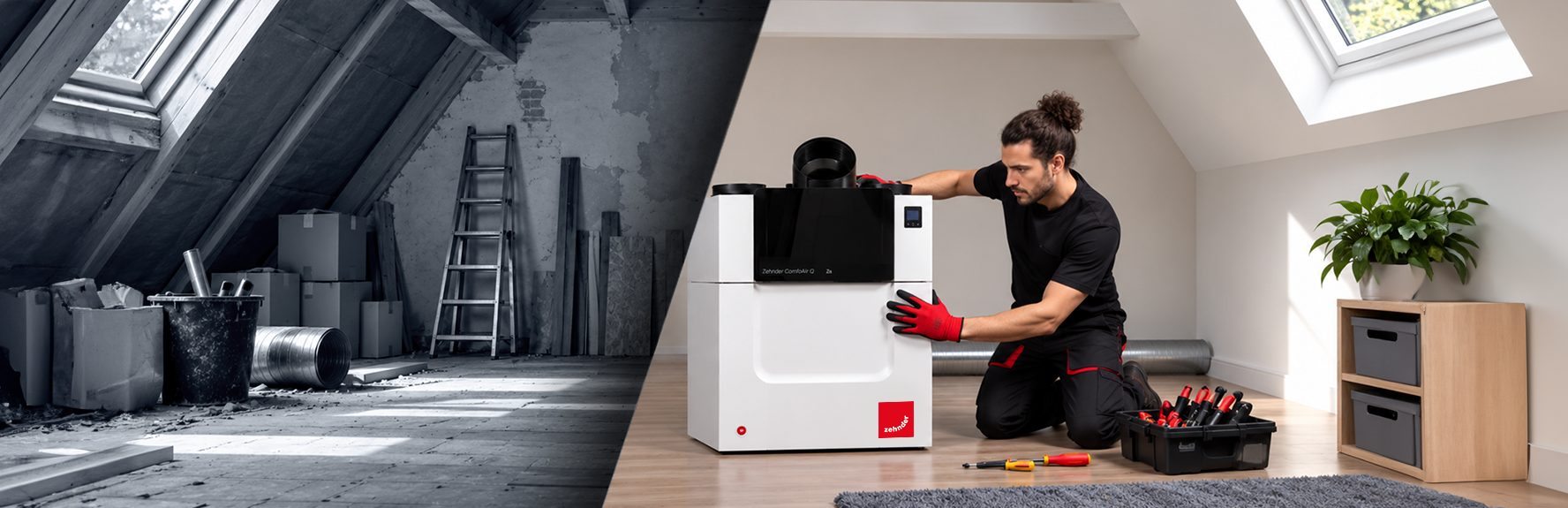 Prima e dopo la ristrutturazione: installazione dell’unità di ventilazione Zehnder ComfoAir Q in una mansarda ristrutturata