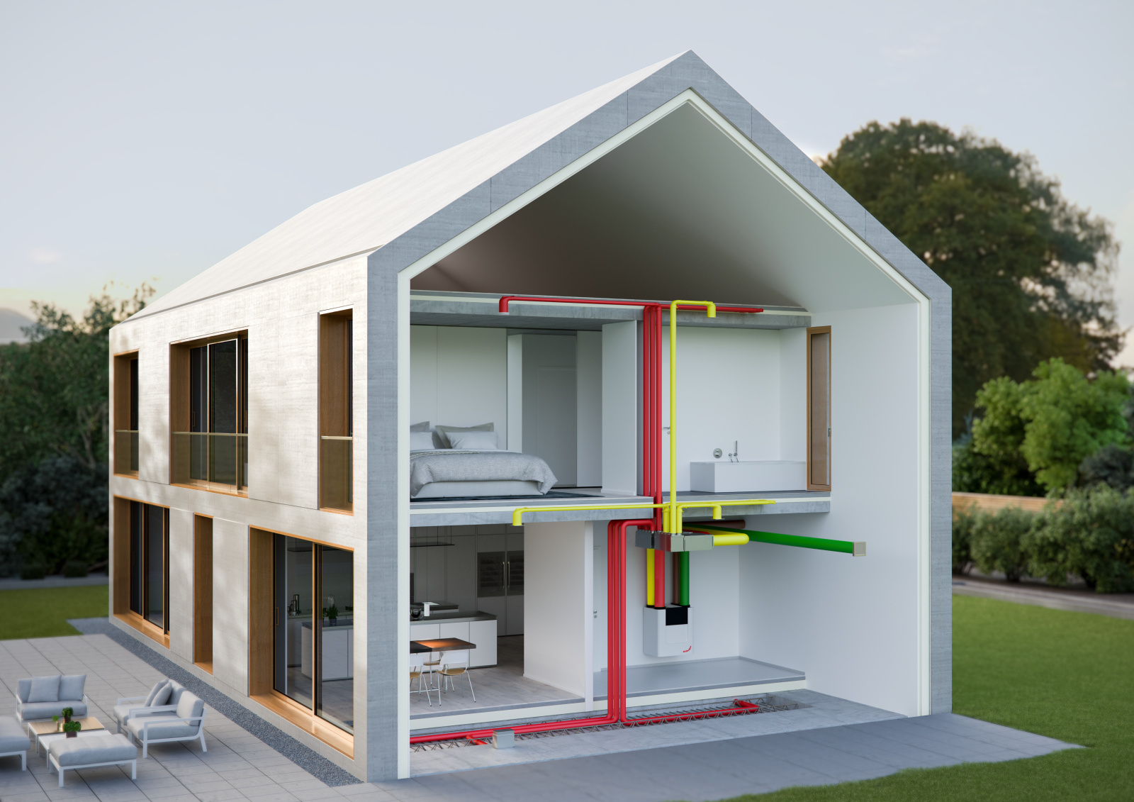 Rendering Zehnder ComfoAir Q450 ST Comfortable indoor ventilation Side view
