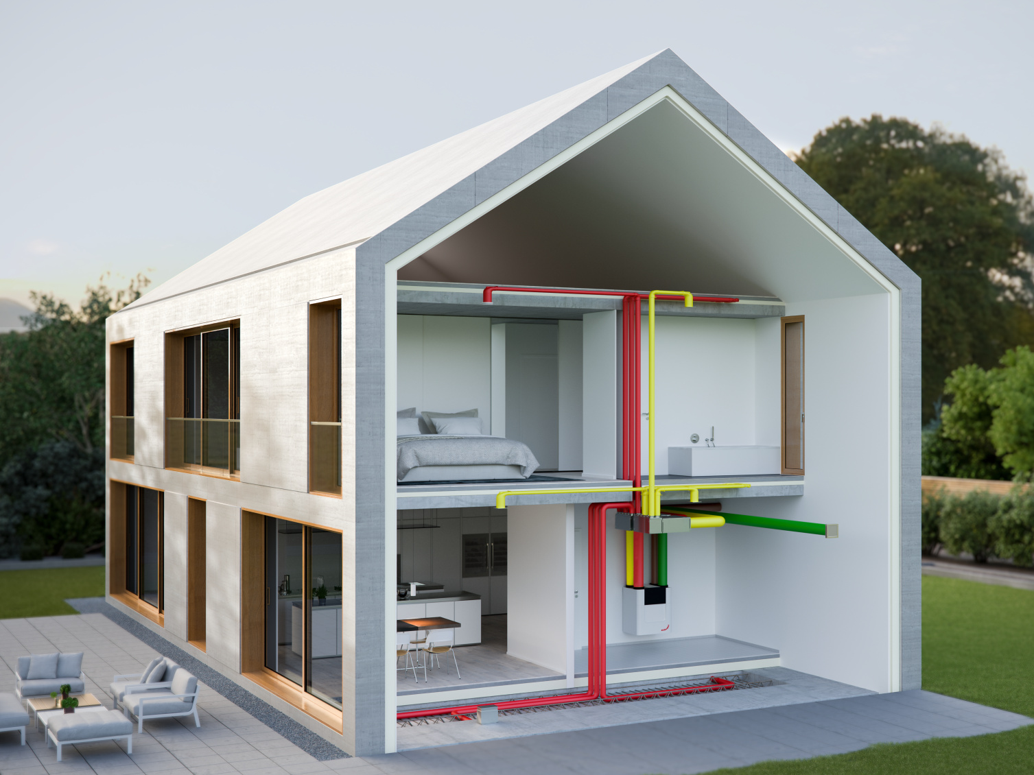 Modello di un'abitazione che illustra i sistemi integrati di riscaldamento, raffreddamento e ventilazione