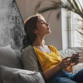 Zehnder_ALL_ExpReno_Header_AI_mainpage Split image showing a person seated on a sofa near a window; the left side appears dark with visible mold on the wall, while the right side is bright and clean, highlighting improved indoor air quality by zehnder