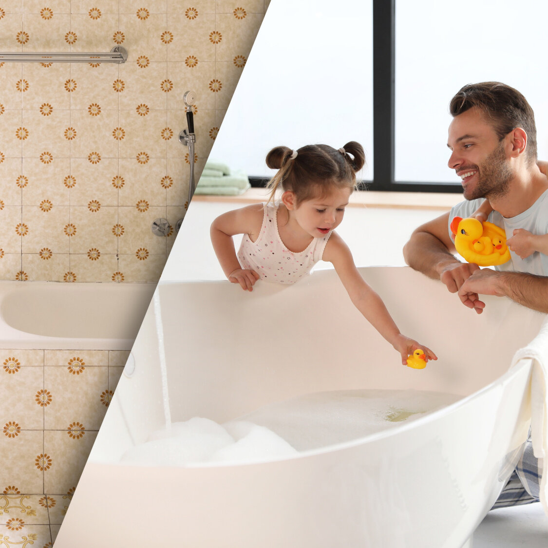A two-part image showing an old bathroom with patterned tiles on the left and a modern, bright bathroom with a white bathtub on the right, in which an adult is playing with two children.