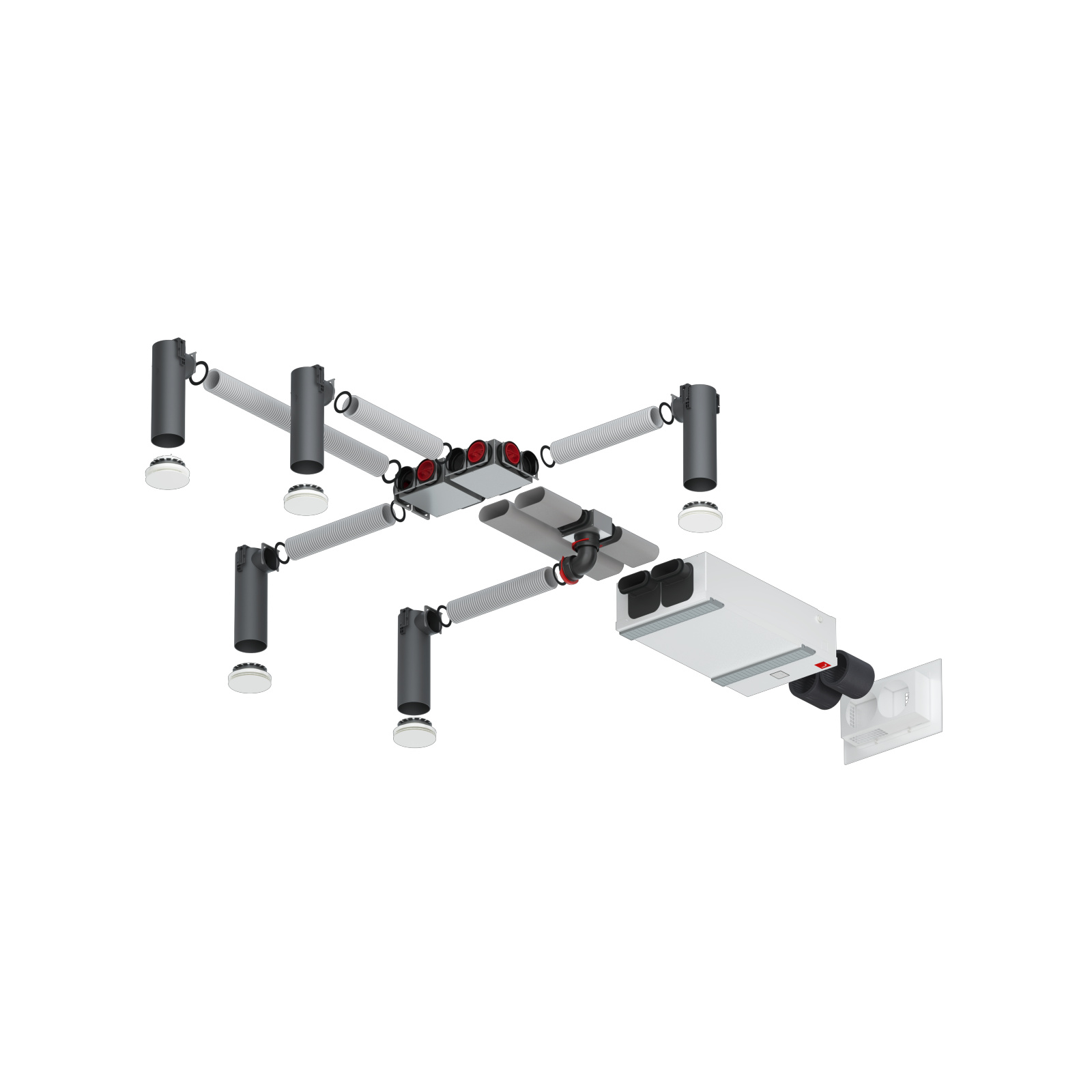 Comfo Air Fit 100, exploded view, system view, air distribution, comfo Valve Luna, Ceiling mounting,