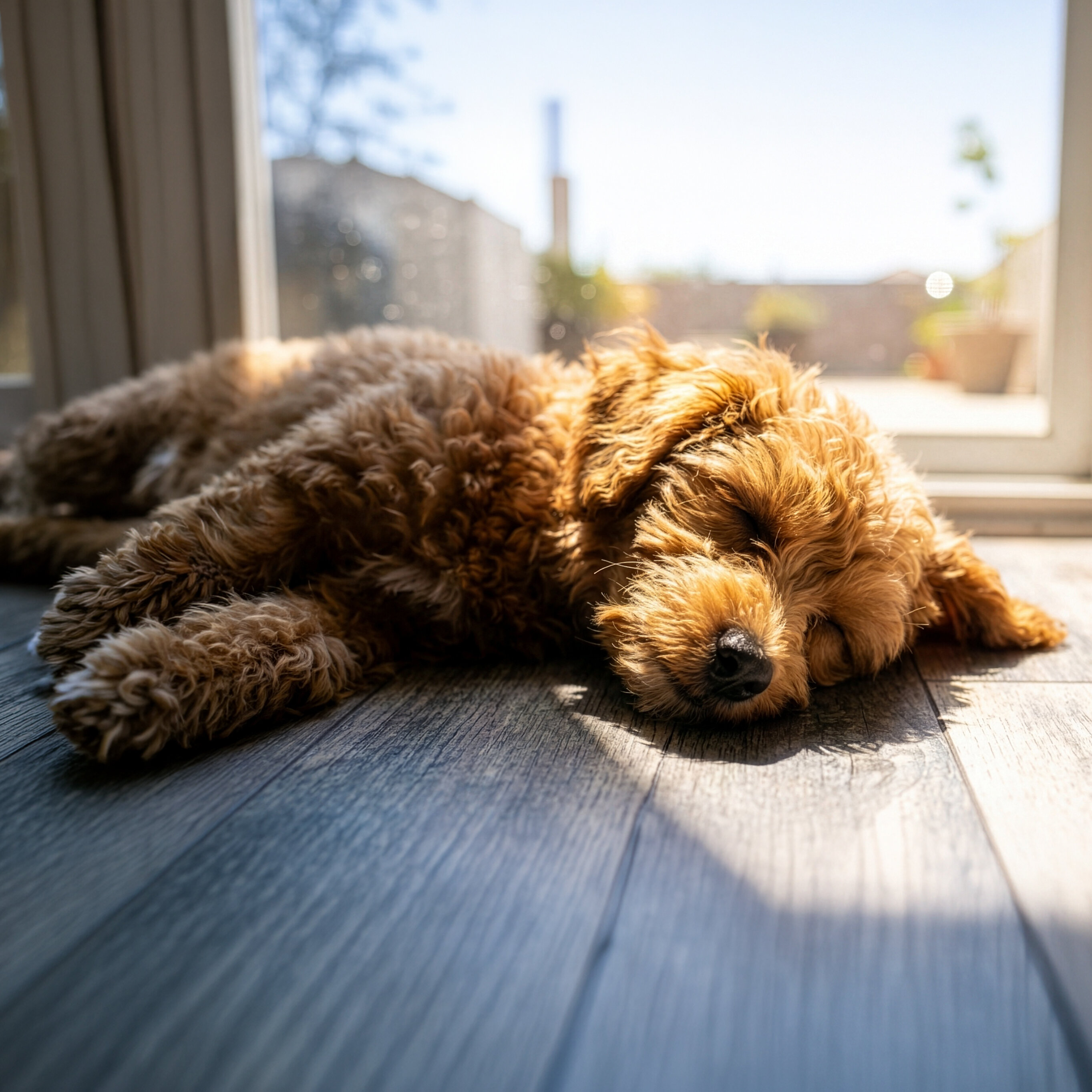 Un cane assopito dorme vicino ad una finestra assolata