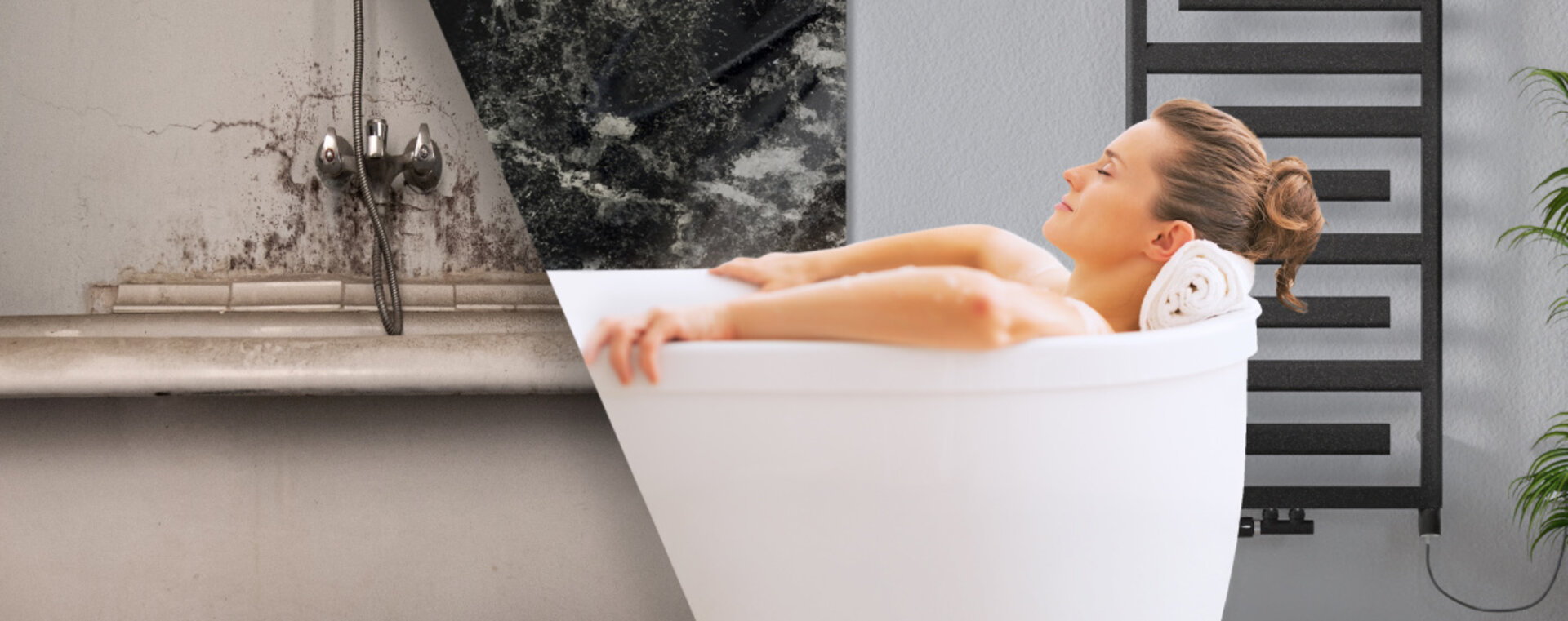 Vorher‑Nachher‑Bild mit alter verschmutzter Badewanne links und moderner weißer Badewanne rechts, in der eine Person entspannt.