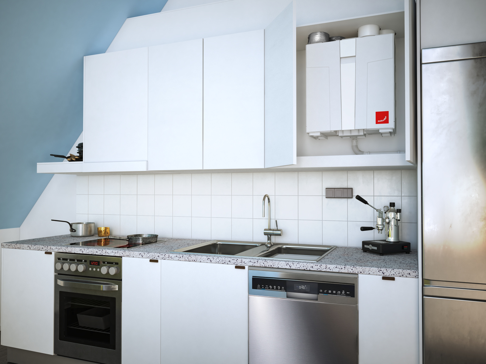 Greenwood, Zehnder, Milieu, Comfo Air 155, UK, Unit, kitchen, installed in shelf,