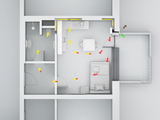Unit, Airdistribution, system, Comfo tube, Coloured Air flow, Appartment, building, System representation, flat, cut into the flat, air distribution, floor plan, wall openings, comfo tube Flat, flat bend, ca 70, Comfo Air 70, Y piece, venezia, ribbon,